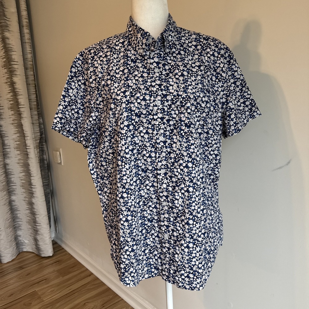 J. Crew Blue White Floral Shirt L Stretch Summer Slim Flex Preppy Costal Beach
